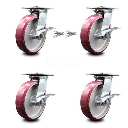 Service Caster 8 Inch Poly on Aluminum Caster Set with Roller Bearing 4 Brake and 2 Swivel Lock SCC-35S820-PAR-SLB-BSL-2-SLB-2